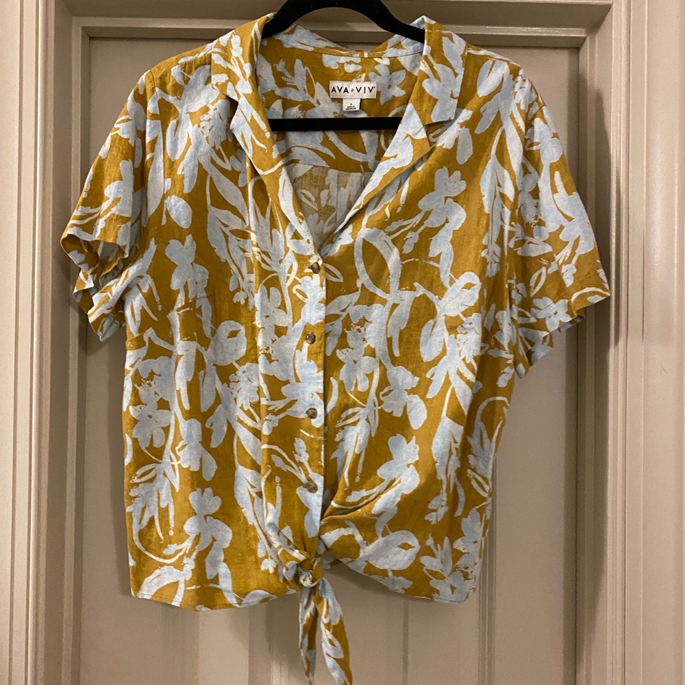 Mustard/ Blue 1X Linen Blend Floral Tie-Front Blouse